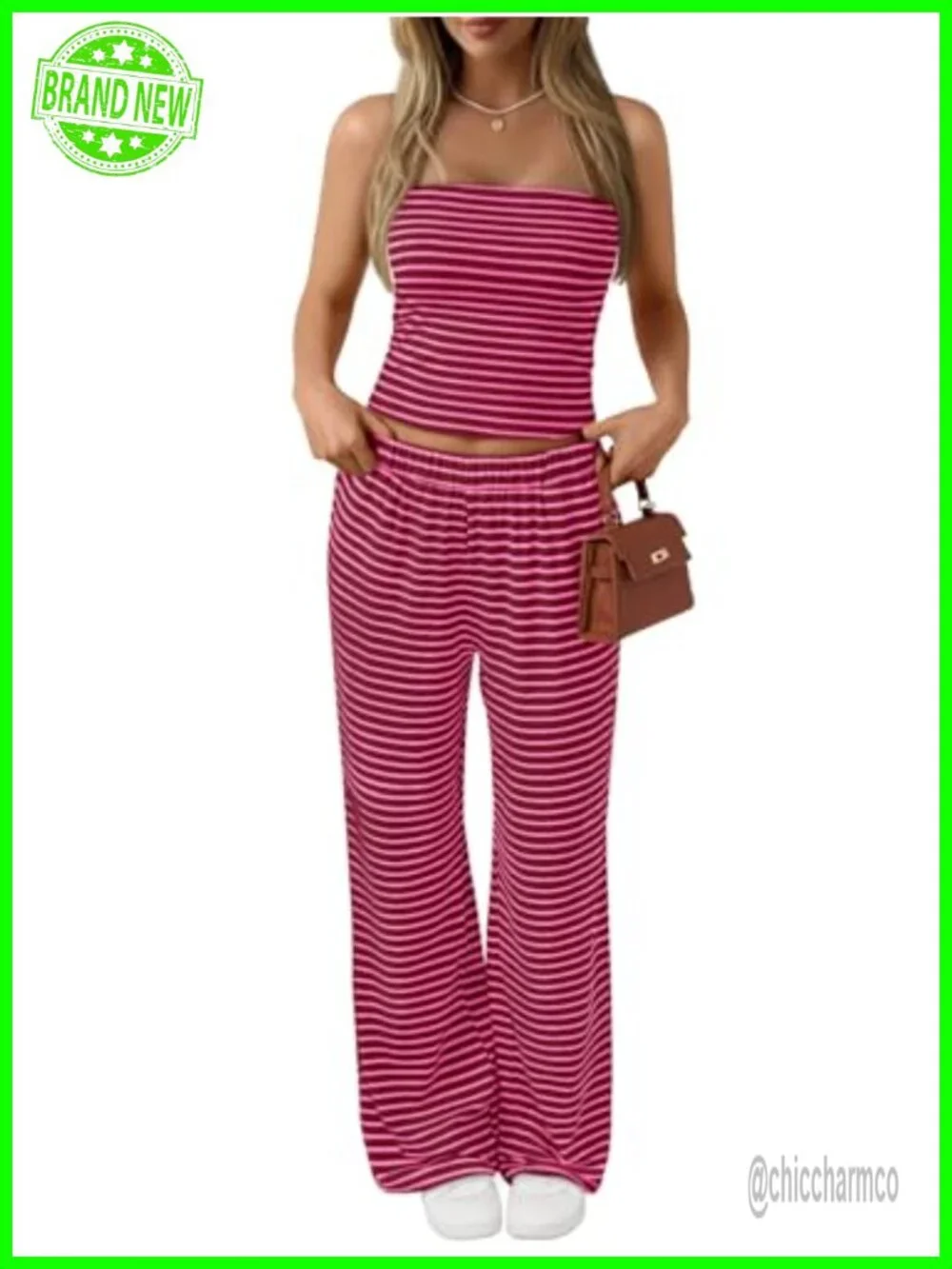 Two Piece Lounge Set: Tube Top & Wide Leg Pants with Pockets, 95% Rayon 5%